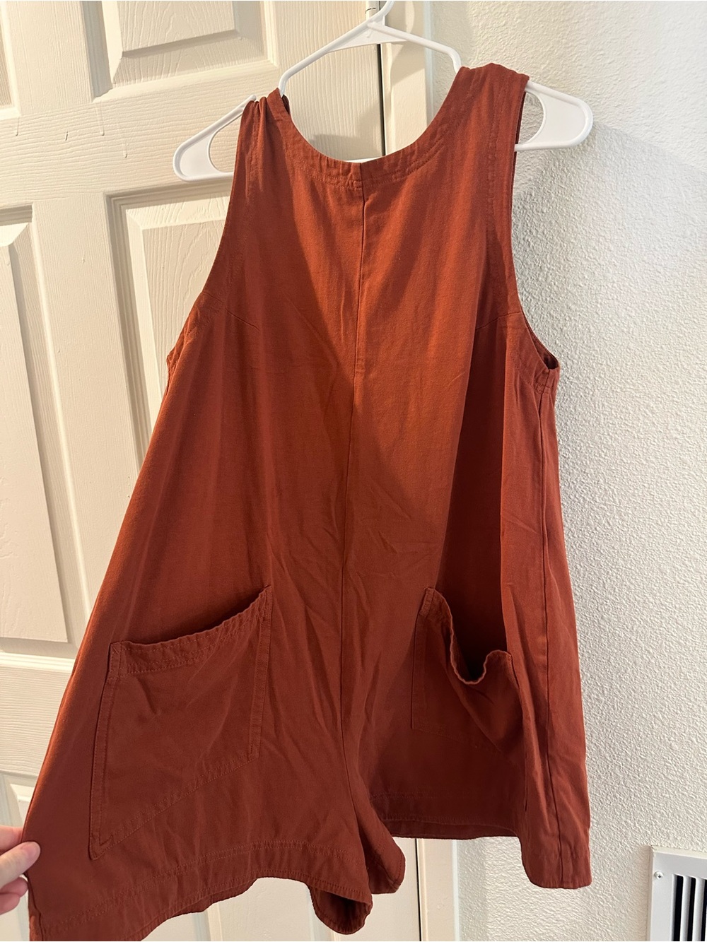 Amazon Rust Orange Sleeveless Romper with Front Pockets